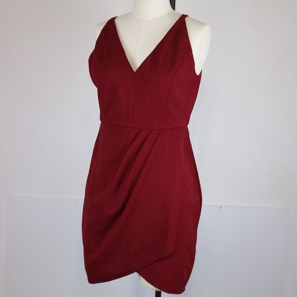 Manydress Crimson Red Asymmetrical V-Neck Full Form-Fitting Bodycon Dress L - Picture 4 of 9
